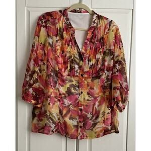 Christopher & Banks Multi Color Floral Layered Blouse Button Down Size XL